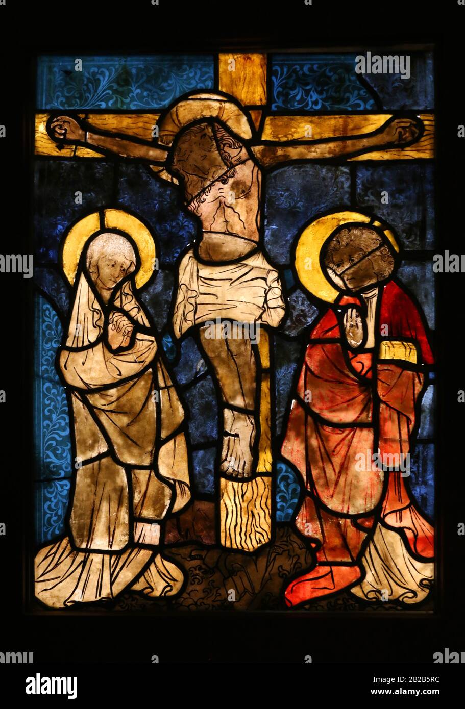 Cracow. Krakow. Poland. Medieval stained glass window. Crucifixion.  Ca. 1430. Cracow dominicans cloister. Stock Photo