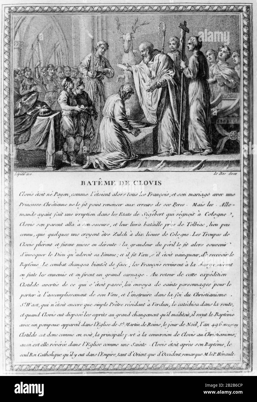 The engraving by the artist Nicolas-Bernard Lepicie from around 1780 shows Bishop Remigius baptizing King Clovis I (481-511) and 3000 other Franks at Christmas in 496 in the church of St. Martin in Reims. Stock Photo