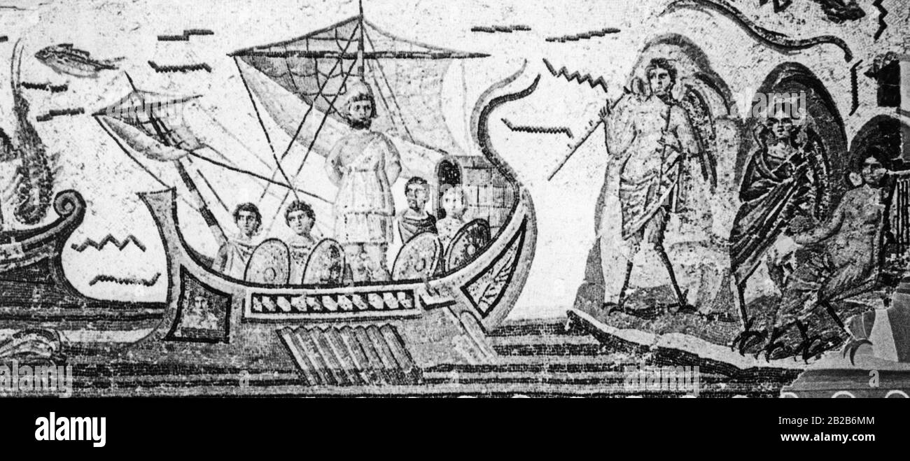 Odysseus is tied to the mast and the ears of the crew members are clogged as the ship is sailing past the sirens. Mosaic from Thugga. Stock Photo