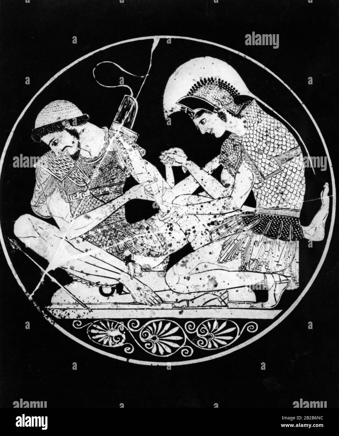 The vase painting illustrates Achilles (r.) bandaging the wounded Patroclus. Stock Photo
