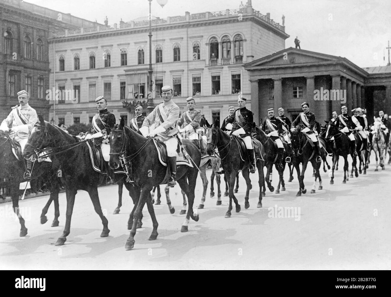 The Jahn celebration that took place in 1911 on the occasion of the 100th anniversary of the open-air gymnasium (German: Turnplatz) in the Hasenheide in Berlin. Students on horseback also take part in the procession. Stock Photo