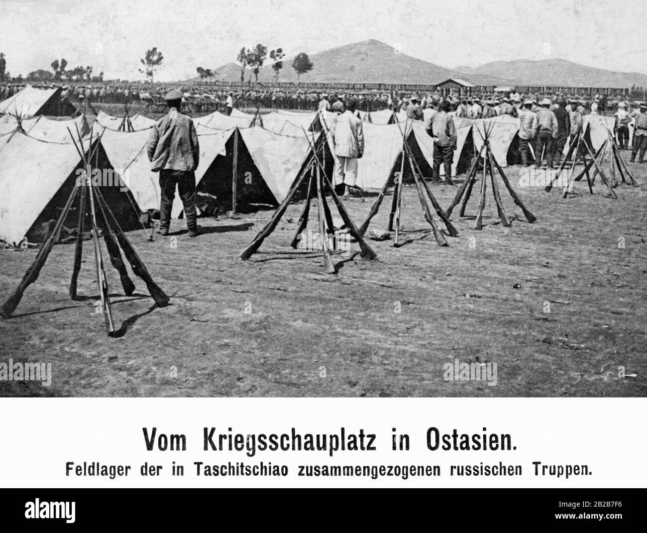 During the Russo-Japanese war: Camp of russian troops in East Asia. Stock Photo