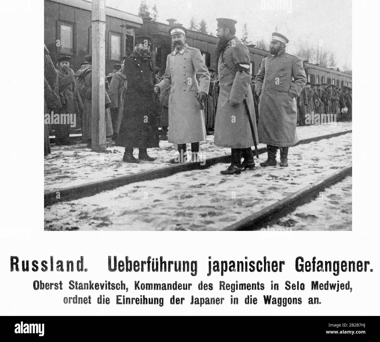The commander of the troops in Selo Medwjed, Colonel Stankevitch, in front of a train with japanese captives. Stock Photo