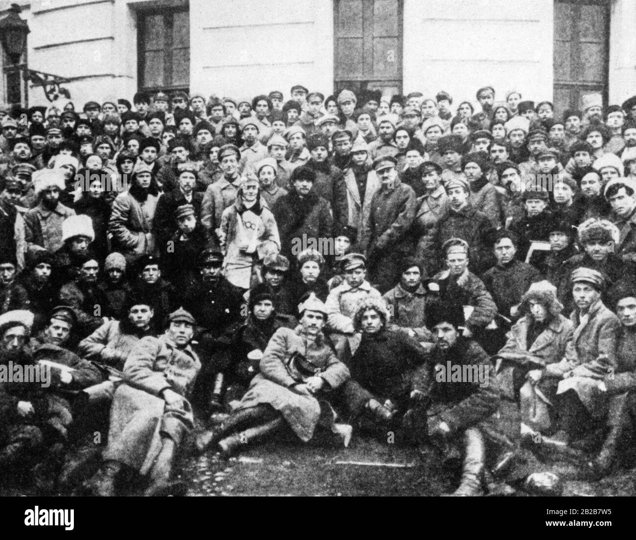 A picture of Lenin, Trotsky and a group of Red Army soldiers after the suppression of the Kronstadt rebellion. Stock Photo