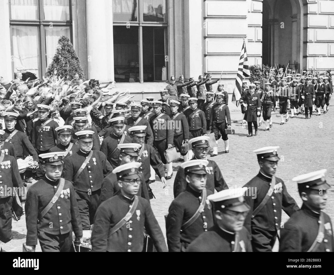 The crew of the cruiser Ashigara of the Imperial Japanese Navy during a parade in Berlin. Stock Photo