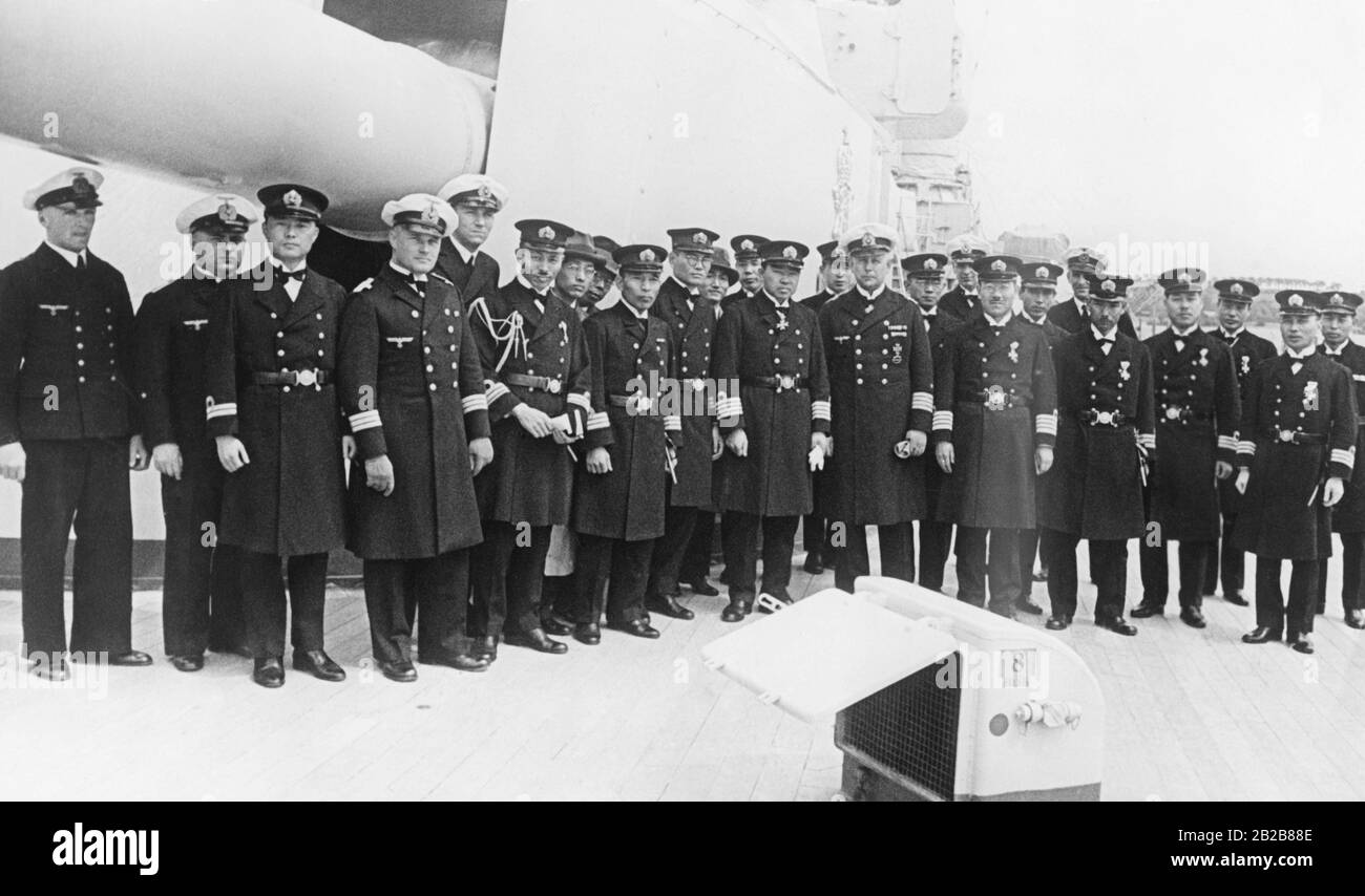 A group of officers of the Imperial Japanese Navy visiting the armored vessel 'Deutschland' during a trip to Germany. Stock Photo