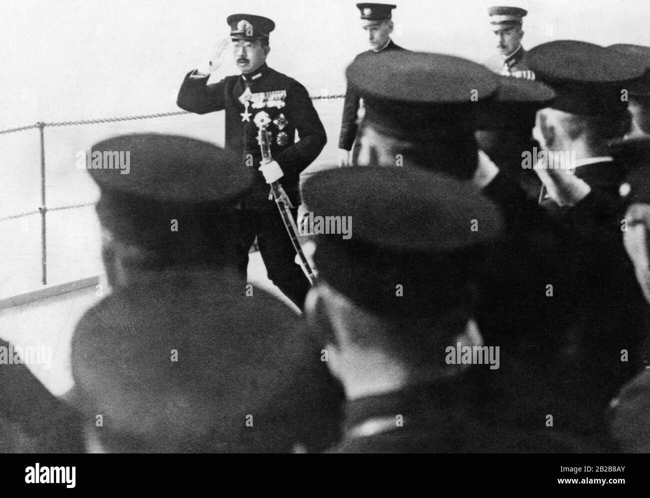 The Japanese Emperor Hirohito on board a ship of the Japanese Navy. Stock Photo