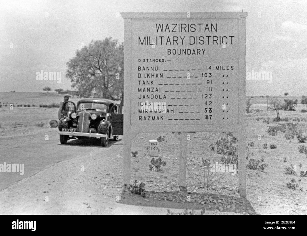 Road sign in the border region of the British colony in the northwest, in today's Pakistan. The region was the scene of uprisings against British domination in the 1930s. Waziristan was not under the control of the British civil administration, but of the military authorities. Stock Photo