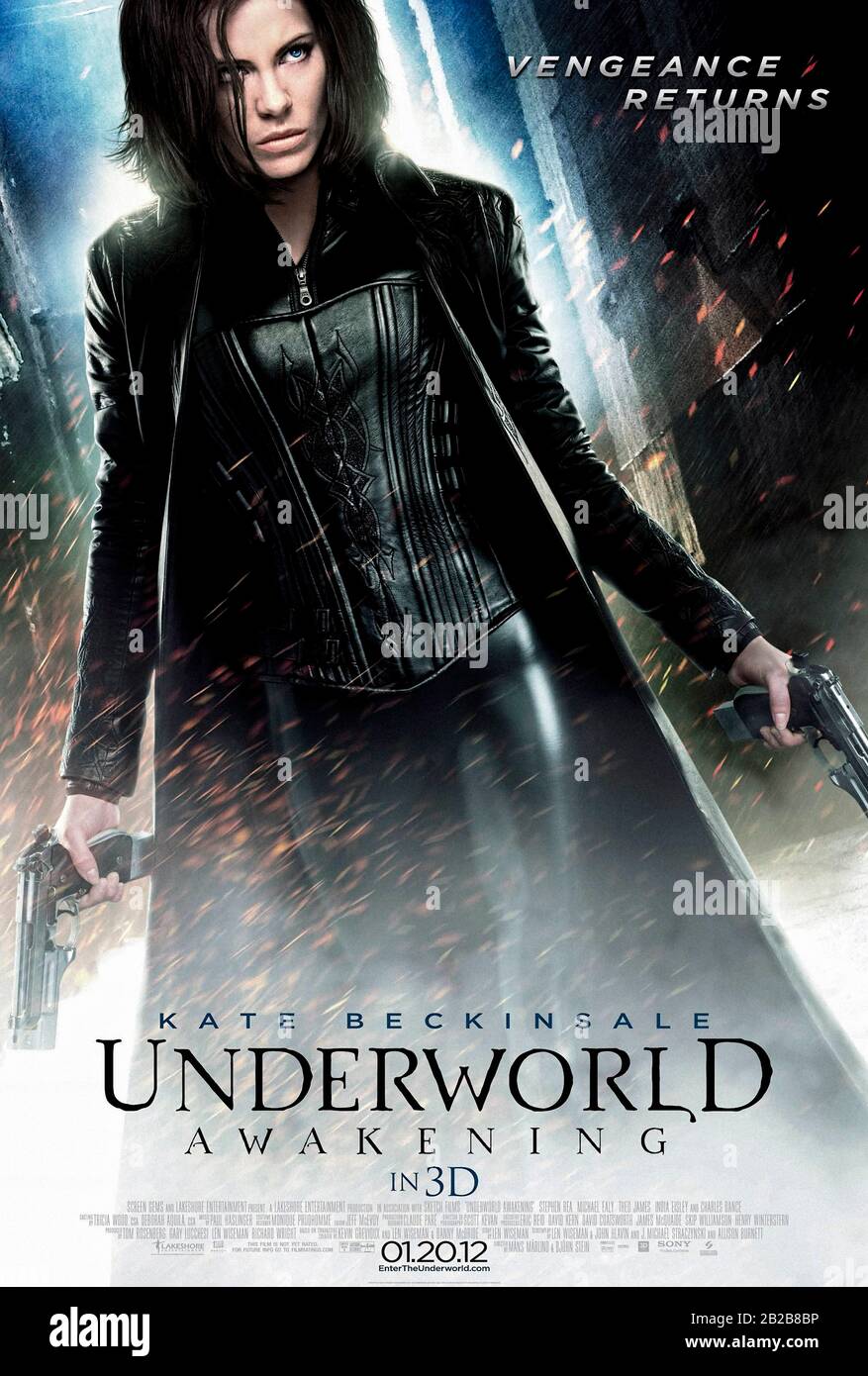 Underworld: Awakening  (2012) directed by Måns Mårlind and Björn Stein and starring Kate Beckinsale, Michael Ealy, India Eisley and Charles Dance. When the humans discover the existence of vampires and werewolves Selene the vampire warrior unites them against mankind. Stock Photo