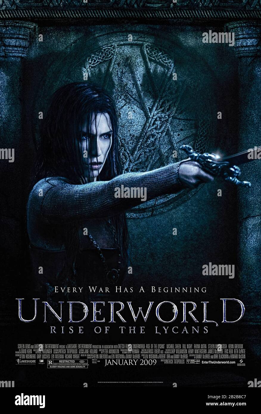 Underworld: Rise of the Lycans (2009) directed by Patrick Tatopoulos and starring Rhona Mitra, Michael Sheen, Bill Nighy and Kevin Grevioux. Prequel origin story of the beginning of the Vampire-Lycan war between vampires and werewolves. Stock Photo