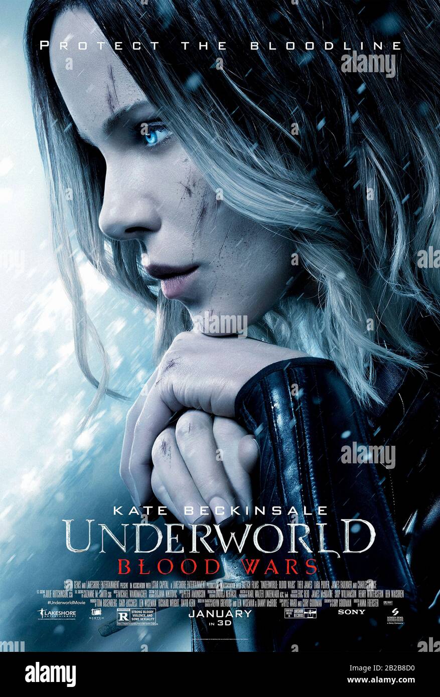 Underworld: Blood Wars (2016) directed by Anna Foerster and starring Kate Beckinsale, Theo James, Tobias Menzies and Charles Dance. Fifth installment in the Underworld franchise sees Selene the vampire death dealer try to end the eternal war between vampires and werewolves . Stock Photo