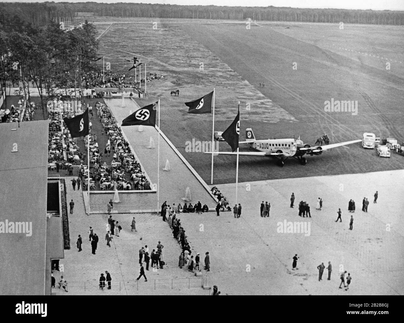 Opening of the Frankfurt Airport by Erhard Milch and the Reich Governor of Hesse, Jakob Sprenger. On the apron is a Junkers Ju52 of Lufthansa. Stock Photo