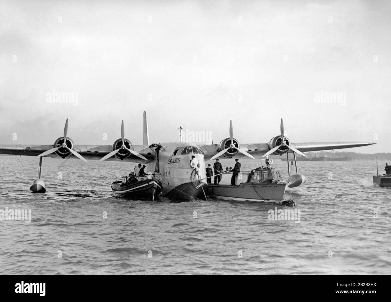 A flying boat of the type Short Empire is anchored off Southampton. The aircraft of British Imperial Airways with the name 'Centaurus' served the route Southampton-Alexandria. Stock Photo