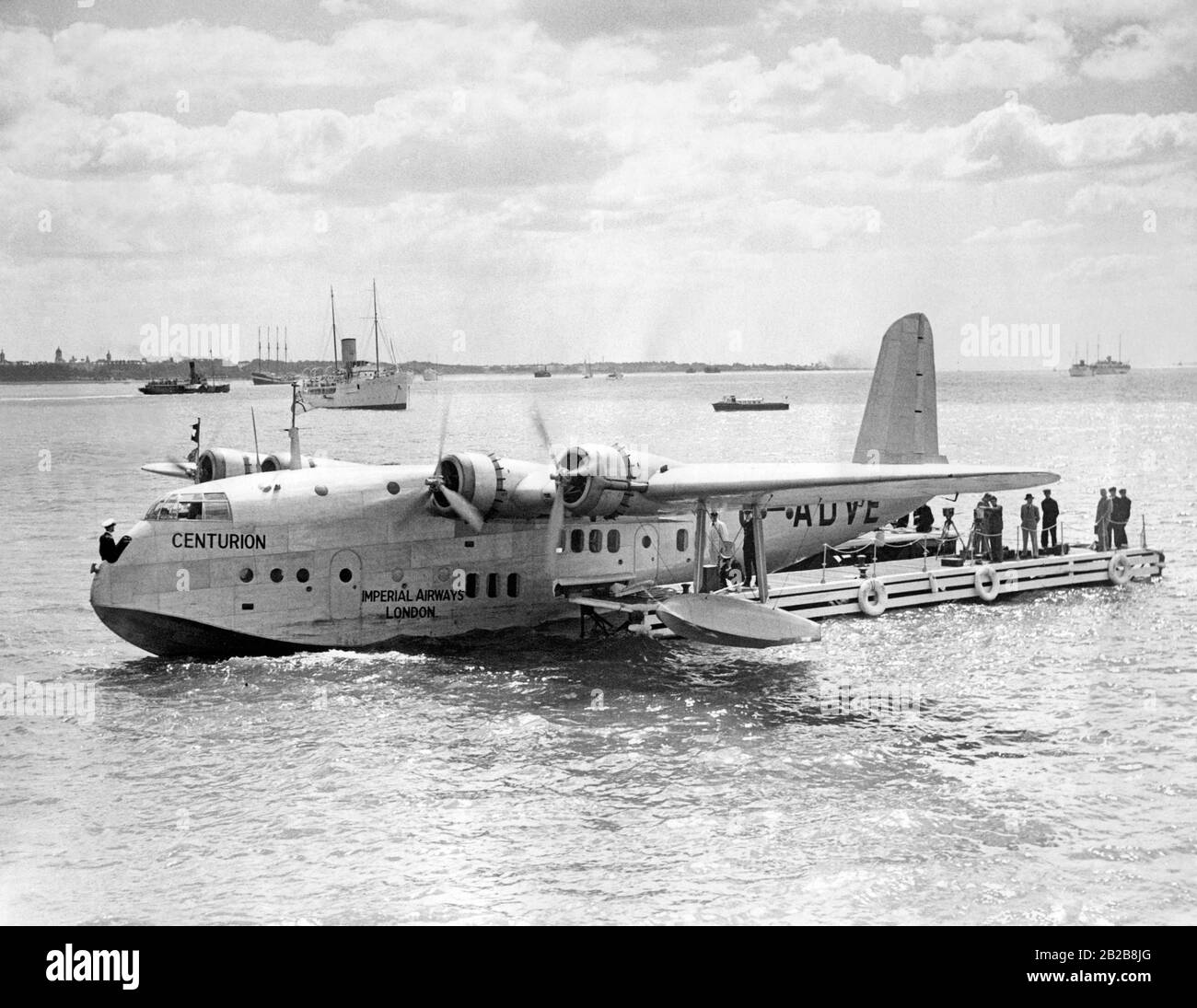 A Short Empire flying boat ('Centurion') is loaded with airmail. Stock Photo