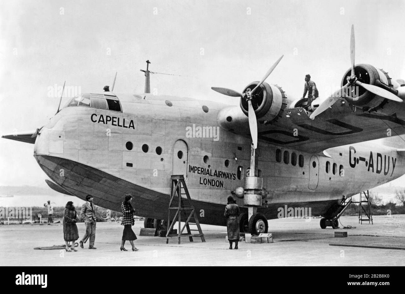 The flying boat 'Capella' of Imperial Airways on land. Stock Photo