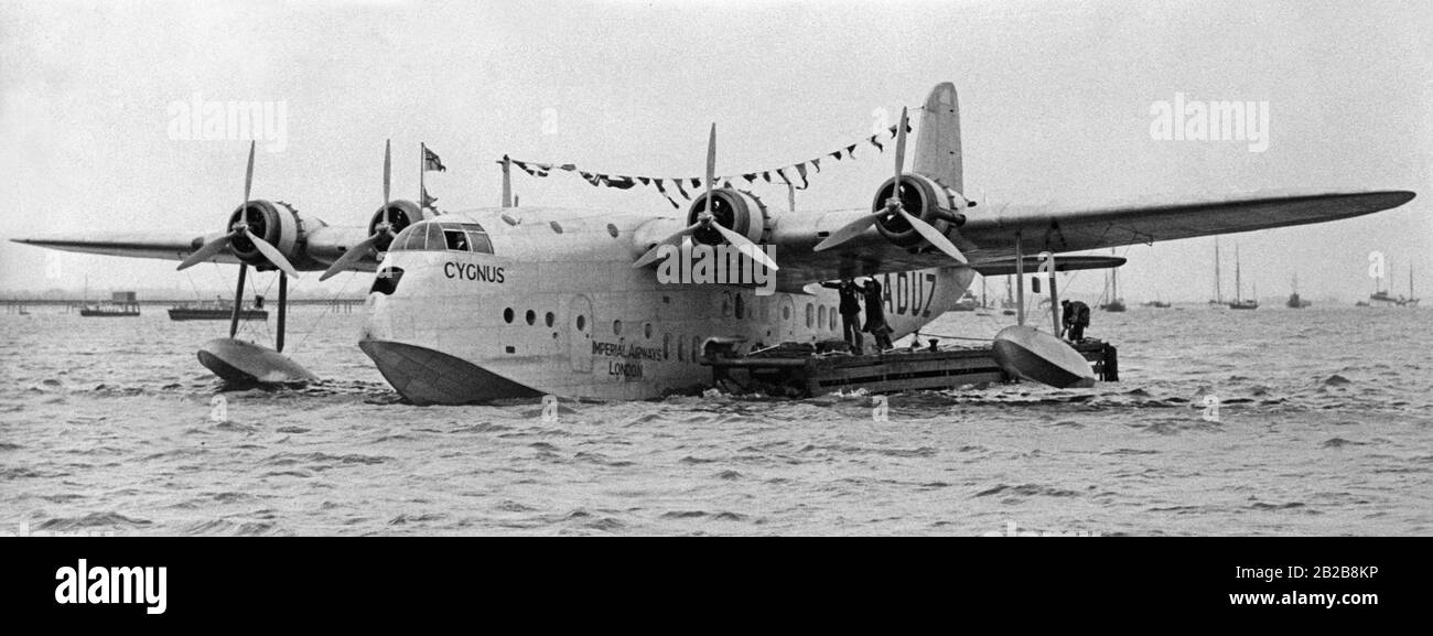 Flying boat of the type Short Empire of Imperial Airways. The aircraft, named 'Cygnus', had an accident in 1937 when taking off from Brindisi. Two of the 13 people on board died in the accident. Stock Photo
