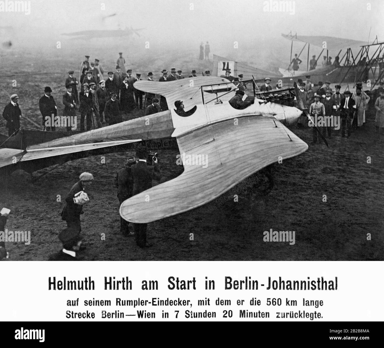 The pilot Helmut Hirth on the Johannisthal airfield near Berlin. He covered the distance Berlin - Vienna in 7 hours, 20 minutes with this plane. Stock Photo