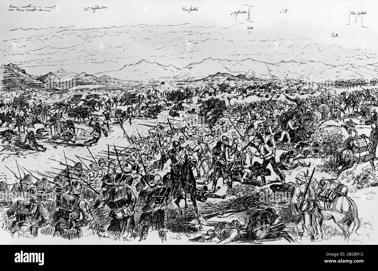 Sketch by Melton Prior showing the battle of the Brits against the Mahdi Army at Tonasi or Tomanieb. The picture shows the recapture of the guns just lost by the ship brigade. The Mahdi Uprising from 1881 to 1898 was a revolt led by Muhammad Ahmad against Anglo-Egyptian rule in the Sudan provinces. It was not until 1898 that the British succeeded in finally smashing the Mahdist State. Stock Photo