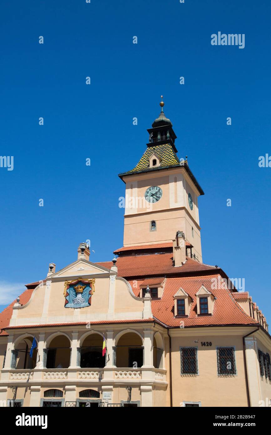 ClocK Tower, Town Hall, 13th Century, Piata Sfatului (Council Square), Brasov, Transylvania Region, Romania Stock Photo