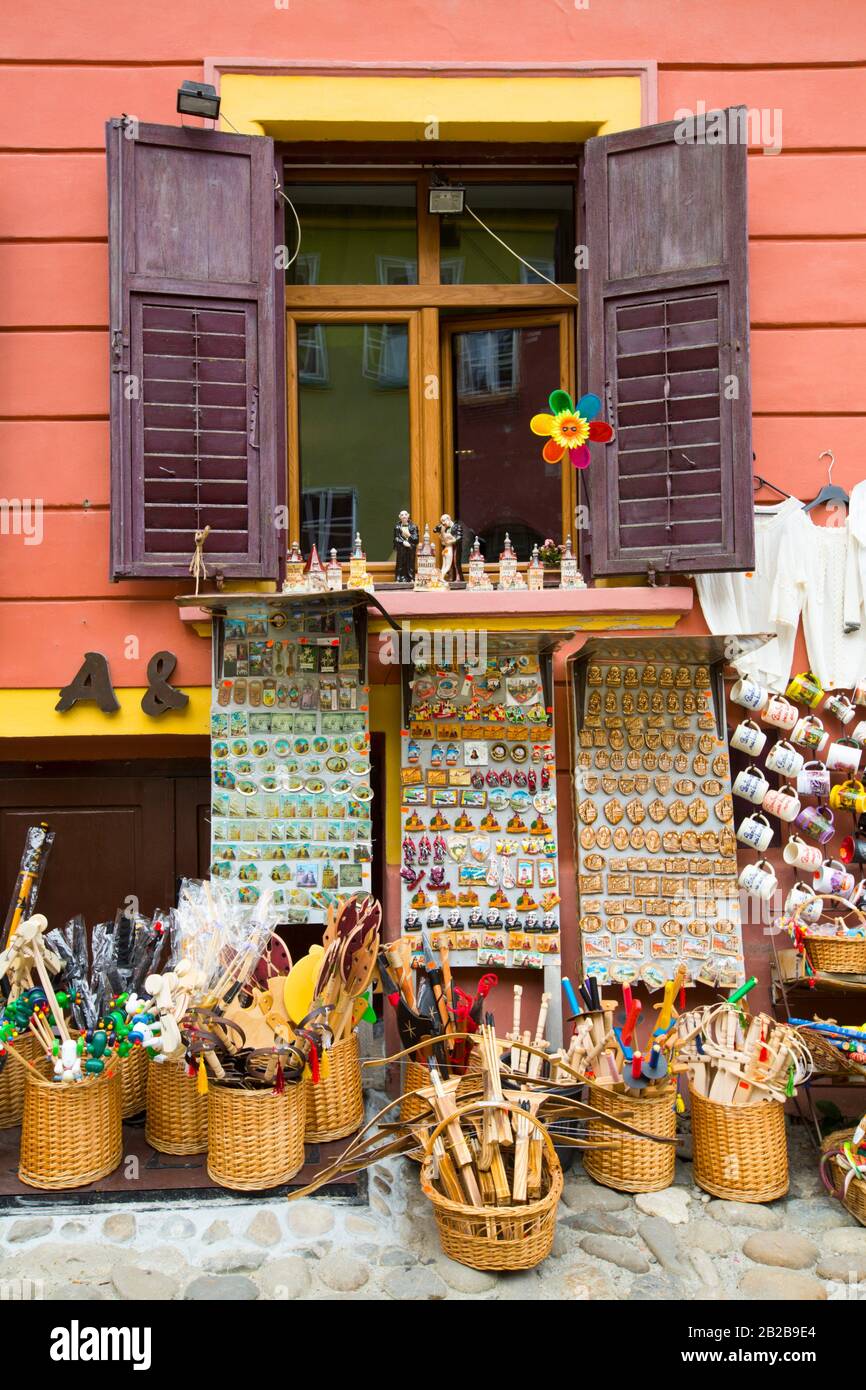 Goods for Sale, Sighisoara, UNESCO World Heritage Site, Mures County, Transylvania Region, Romania Stock Photo
