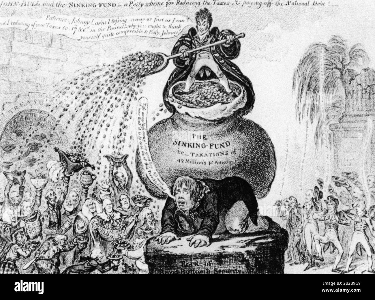 An etching by the famous cartoonist James Gillray. The Chancellor of the Exchequer, Lord Petty, takes 42 million pounds in tax payments from the English symbolic figure John Bull. Lord Petty gives most of it to the powerful and privileged. Lord Petty had presented a financial plan, on the basis of which taxes were to be reduced for the higher incomes. Stock Photo