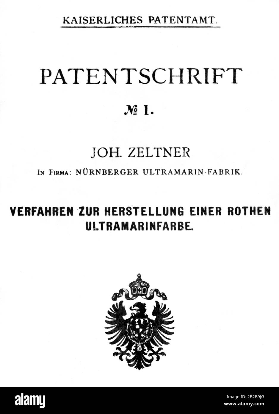 Copy of Johann Zeltner's patent specification from the Imperial Patent Office for the process of producing a red ultramarine paint for the Nuremberg ultramarine factory. It is the first patent document issued by the Patent Office on the basis of the Imperial Patent Act which came into force on 01.07.1877. Stock Photo