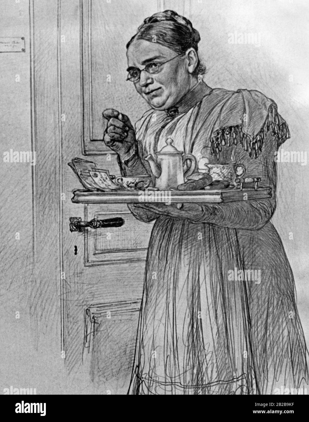 Drawing of a servant with breakfast tray and caption 'Won't you get up? You have to go to the wet room.' Stock Photo