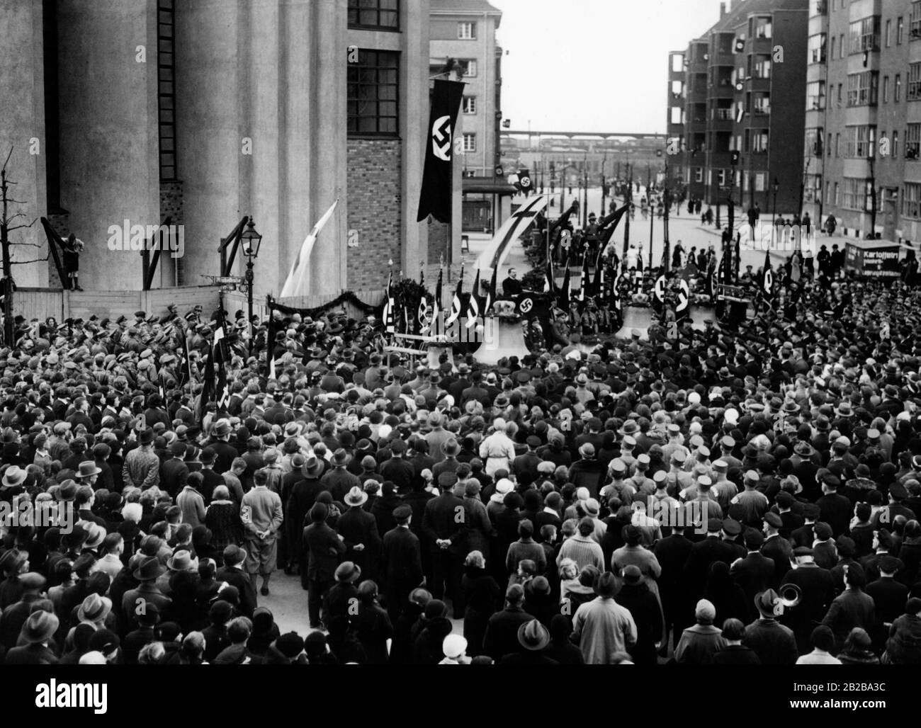 Ceremony before the Gustav Adolf Church during the speech by reverend Herzog on the occasion of the bell consecration on 07.04.1934. Stock Photo