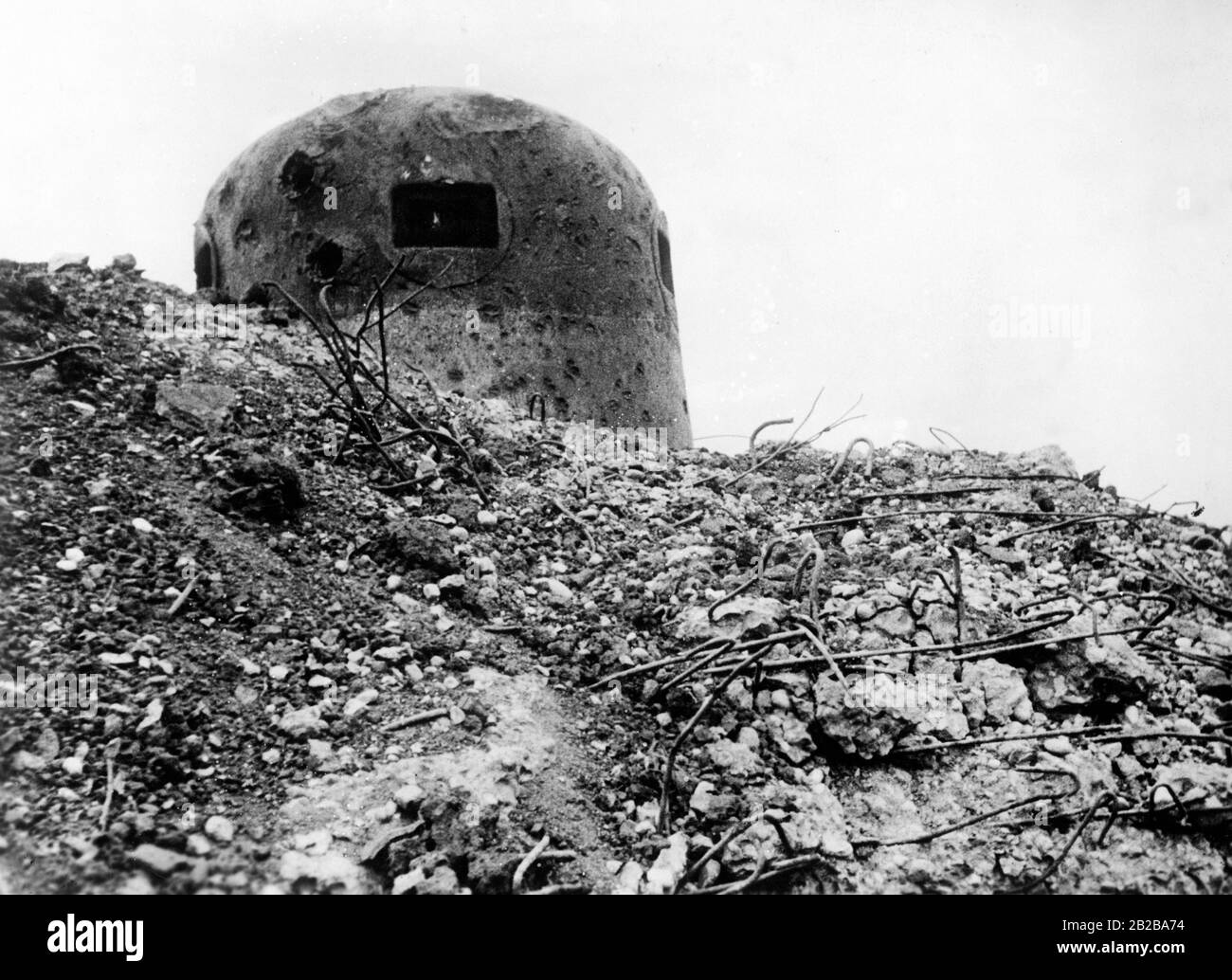 View of a Maginot Line bunker damaged by the fighting. Stock Photo