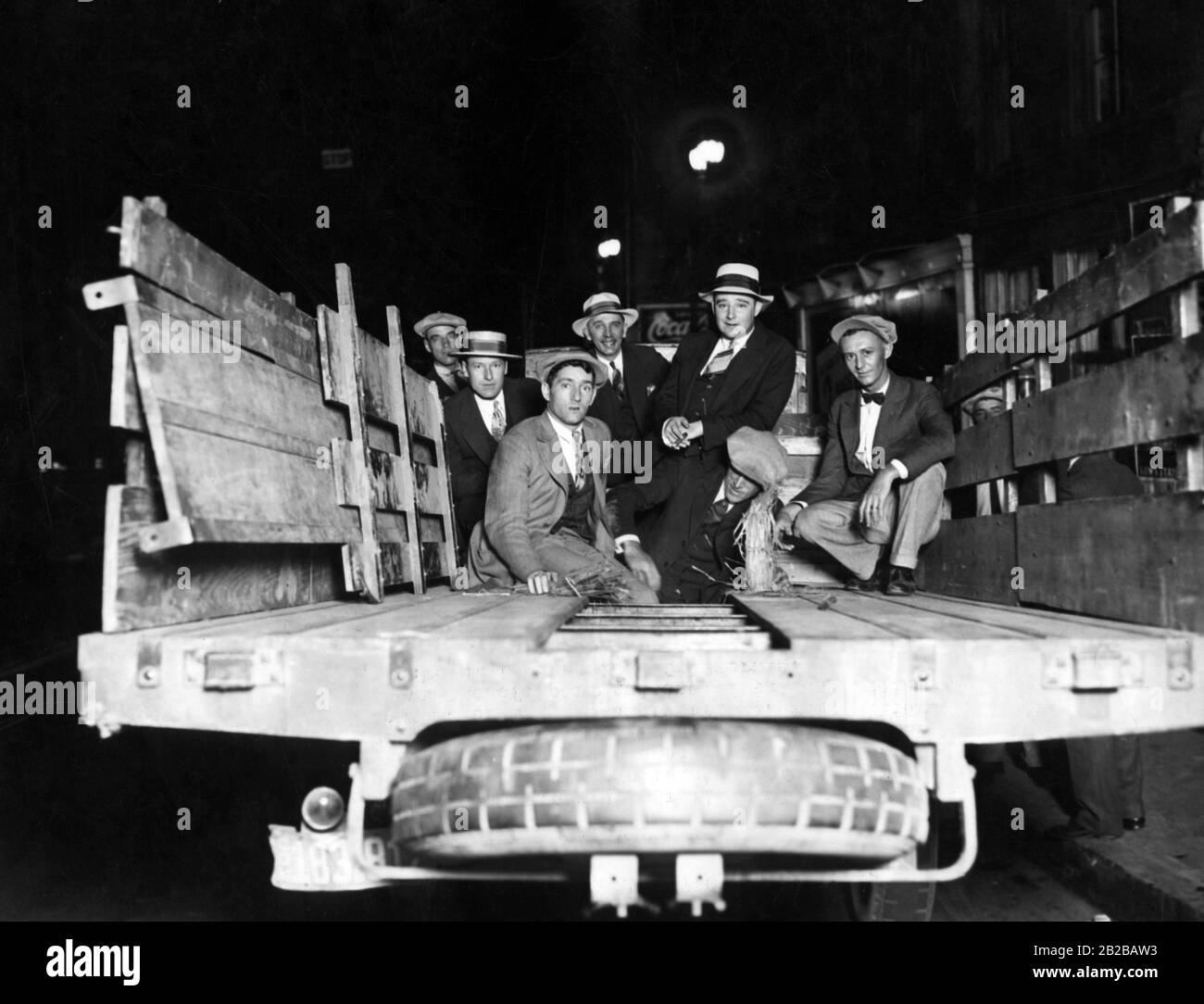 Prohibition: Bootleggers in Los Angeles on a truck, which had liquor loaded in false bottoms. Stock Photo