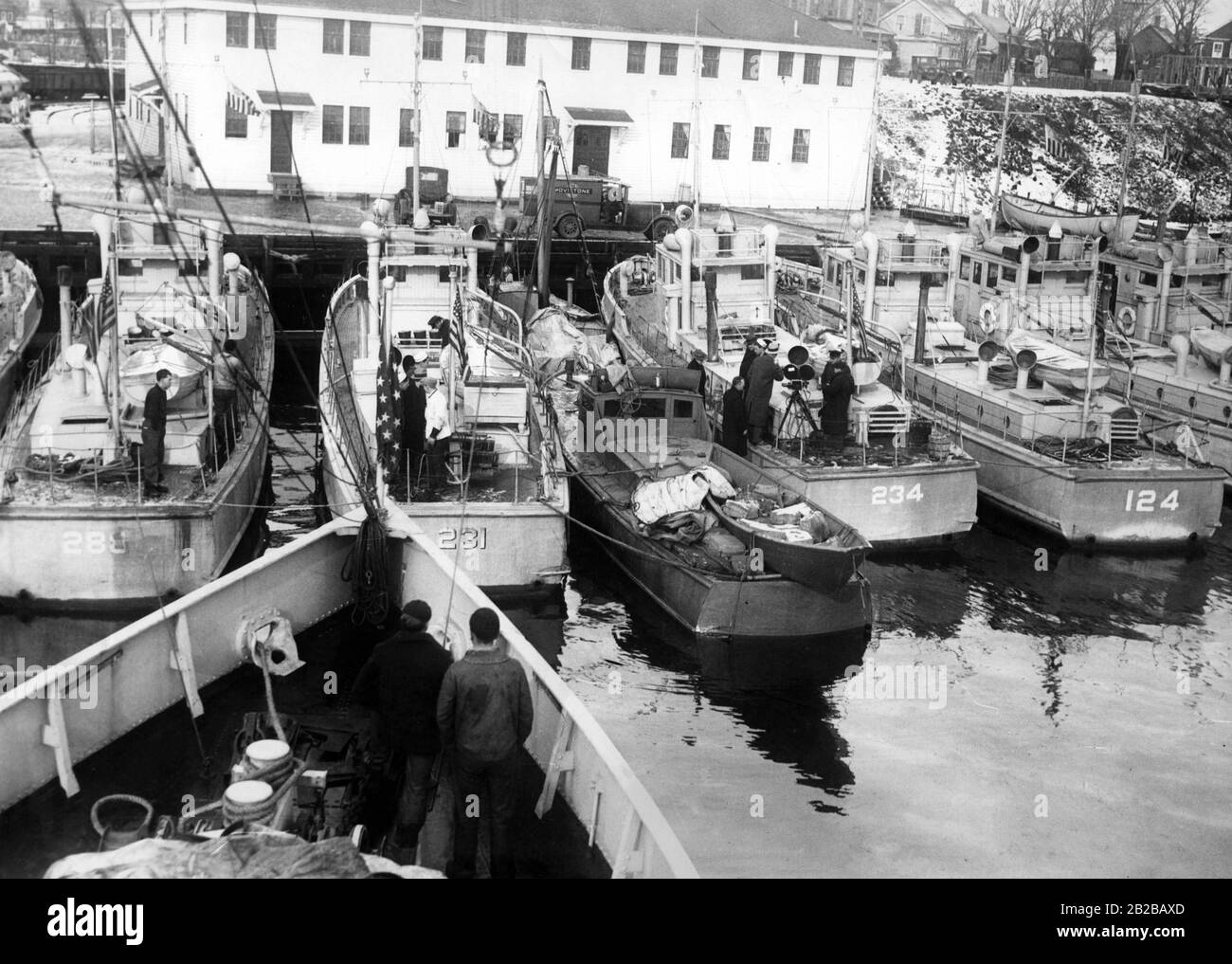 Prohibition: The confiscated speedboat 'Black Duck' (third from left) which was used to smuggle alcohol in New London. Stock Photo