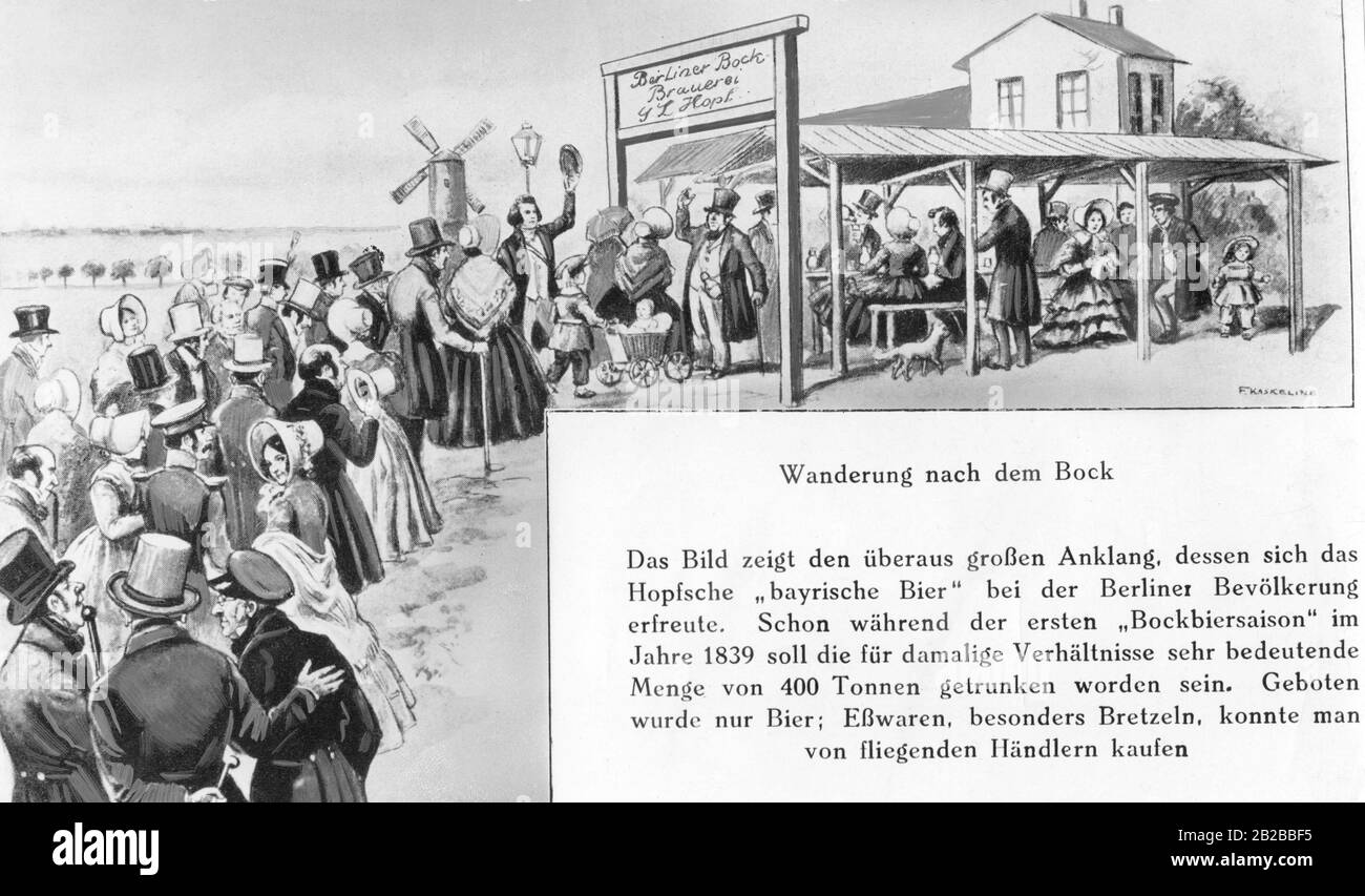 The drawing shows Berlin citizens who are waiting at a bock beer tavern. The Bavarian beer was well received by the people of Berlin. During the first season in 1839, a quantity of 400 tons was said to have been drunk. Stock Photo