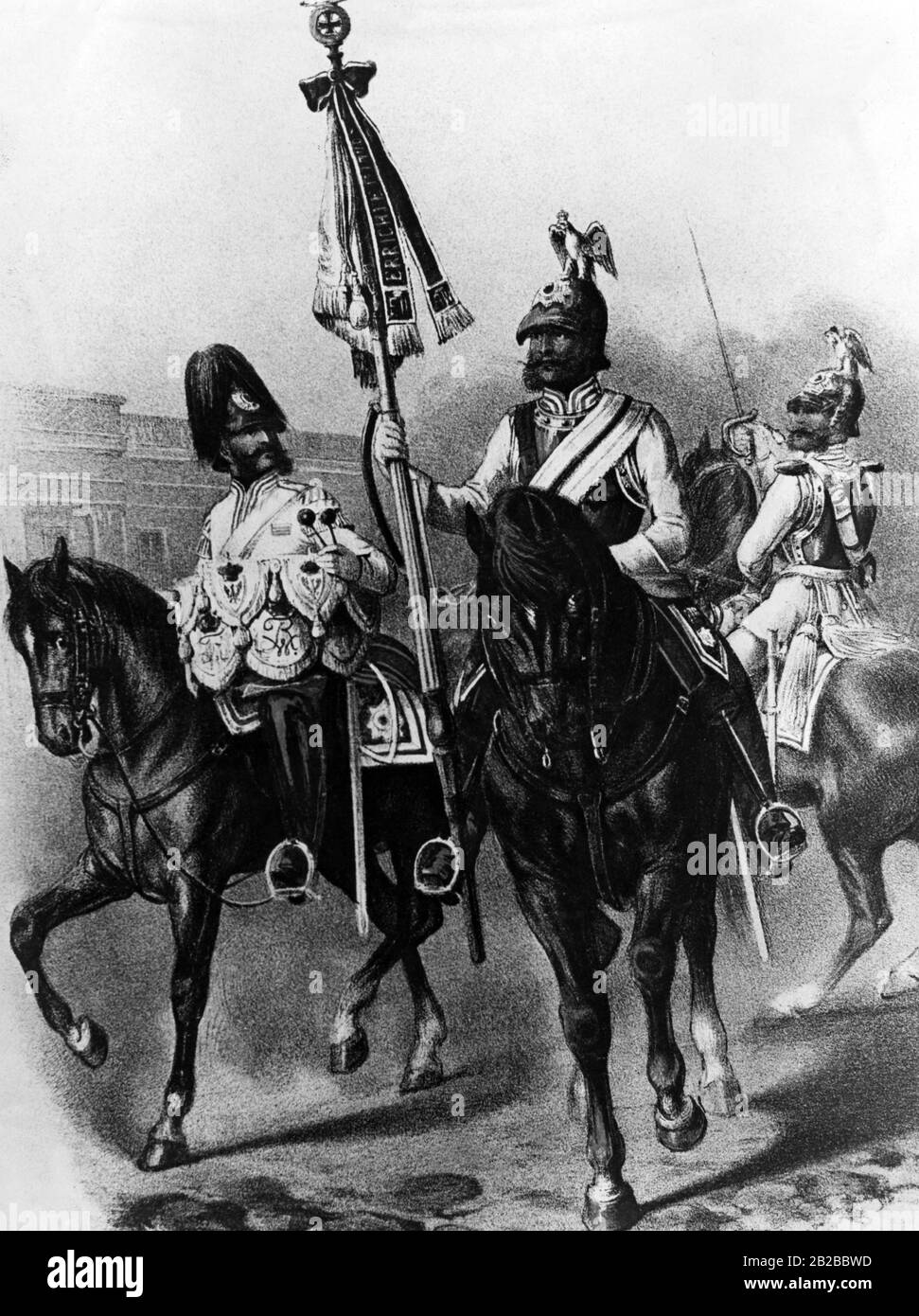 Among the most prestigious units of the Prussian army were the cuirassiers of the Garde-du-Corps stationed in Berlin, whose eagle-decorated helmets were often worn by Emperor Wilhelm II. The drawing shows a standard bearer and timpanist of this cavalry troop. Stock Photo