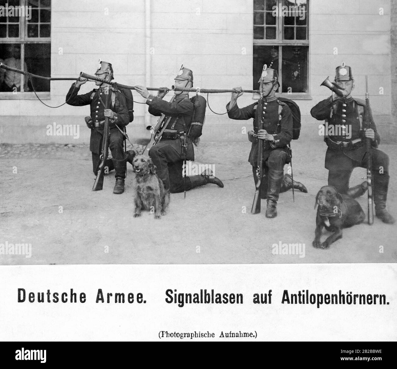 German imperial soldiers blow the antelope signal horns. Undated photo. Stock Photo