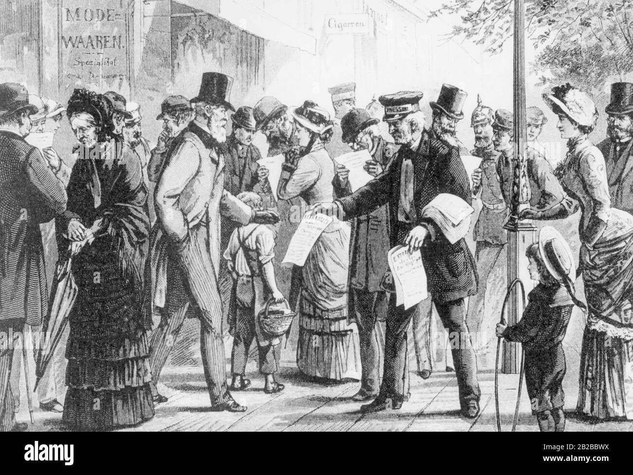 Drawing of a street scene in Berlin. A man distributes the 'Extrablatt'. Before the invention of broadcasting this source was the most important information source for interested readers. The photo is undated. Stock Photo