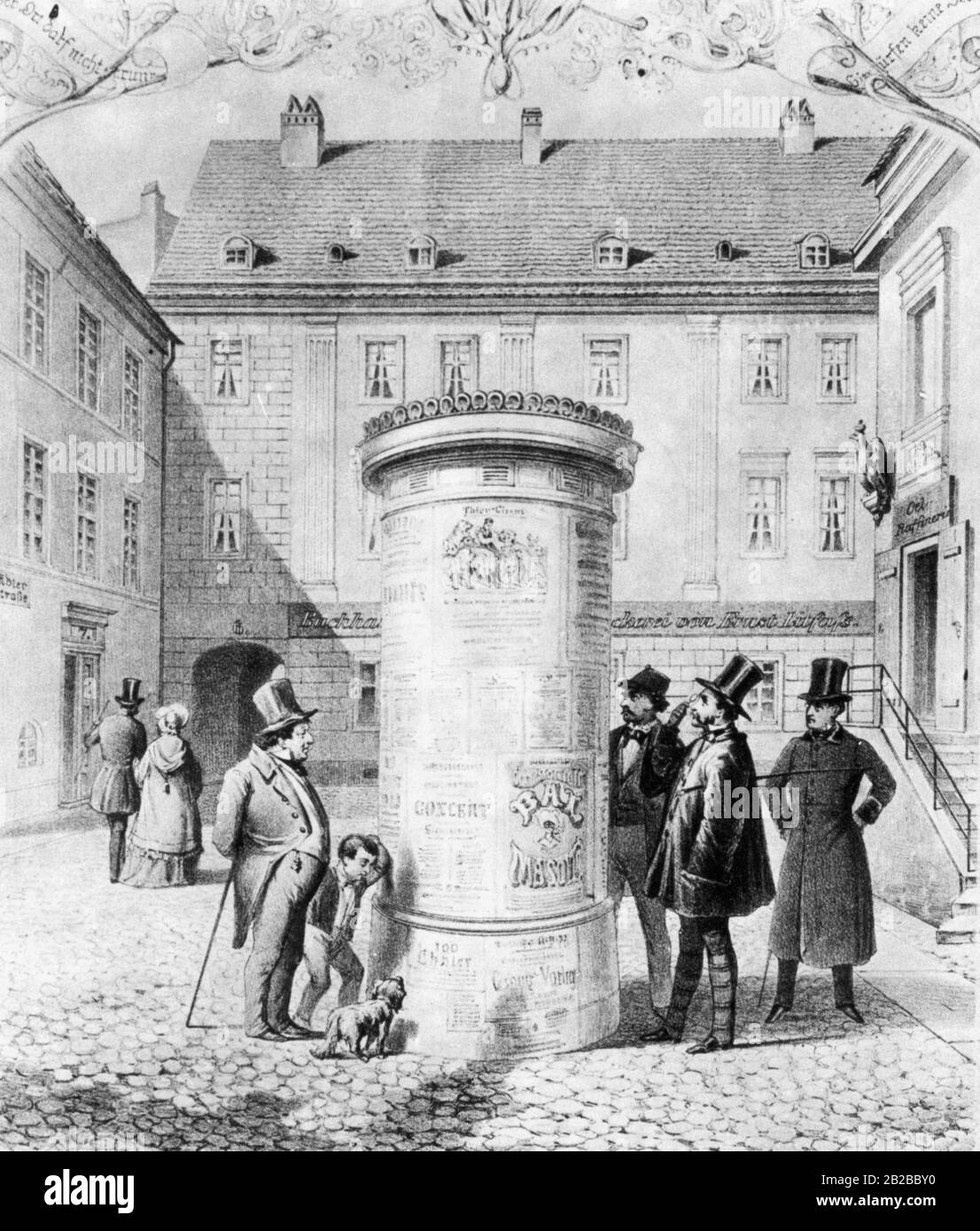 Drawing. On April 22, 1854, the astonished Berliners see for the first time in the Adlerstrasse a thick round pillar, on which hang the advertising posters of the Circus Renz. Ernst Litfass, a Berlin-based printer had come up with the idea since it was prohibited to put posters on the houses. Stock Photo