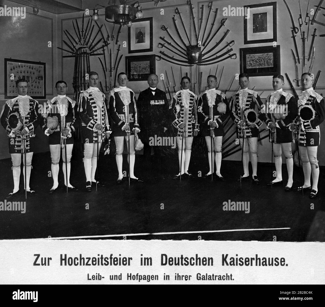 On the occasion of the wedding of the Emperor's daughter Victoria Louise in June 1913 to a Duke of Brunswick, the bodyguards and court pages stand by in gala dress. This was mostly done by the upper classes of the Prussian Hauptkadettenanstalt (main cadet school) in Berlin-Lichterfelde. Stock Photo