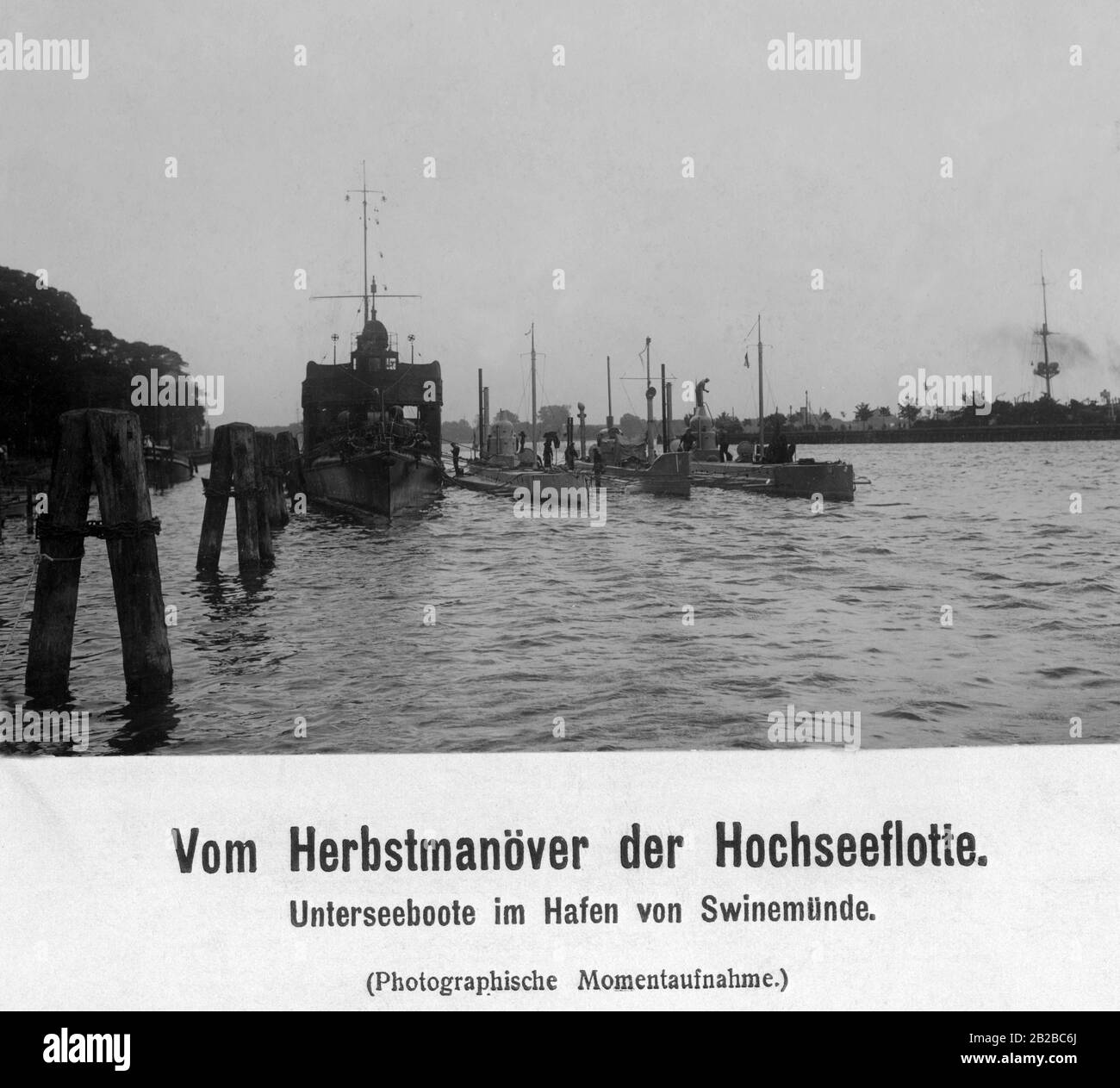 Submarines of the German High Seas Fleet are moored in the port of Swinemuende. The illustration shows the autumn manoeuvre. Stock Photo