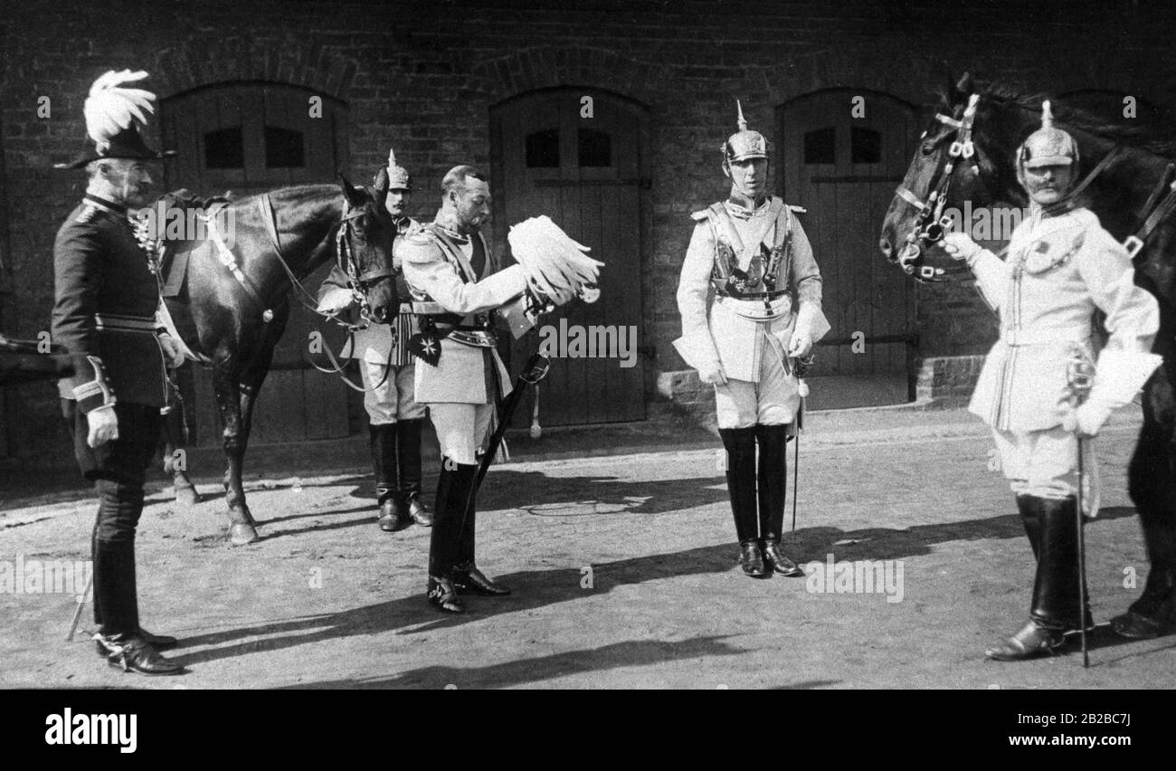 The English King George V, honorary commander of the 8th Cuirassier Regiment barracked in Cologne, whose uniform he wears in this photo, when visiting his regiment in the summer of 1908. Stock Photo