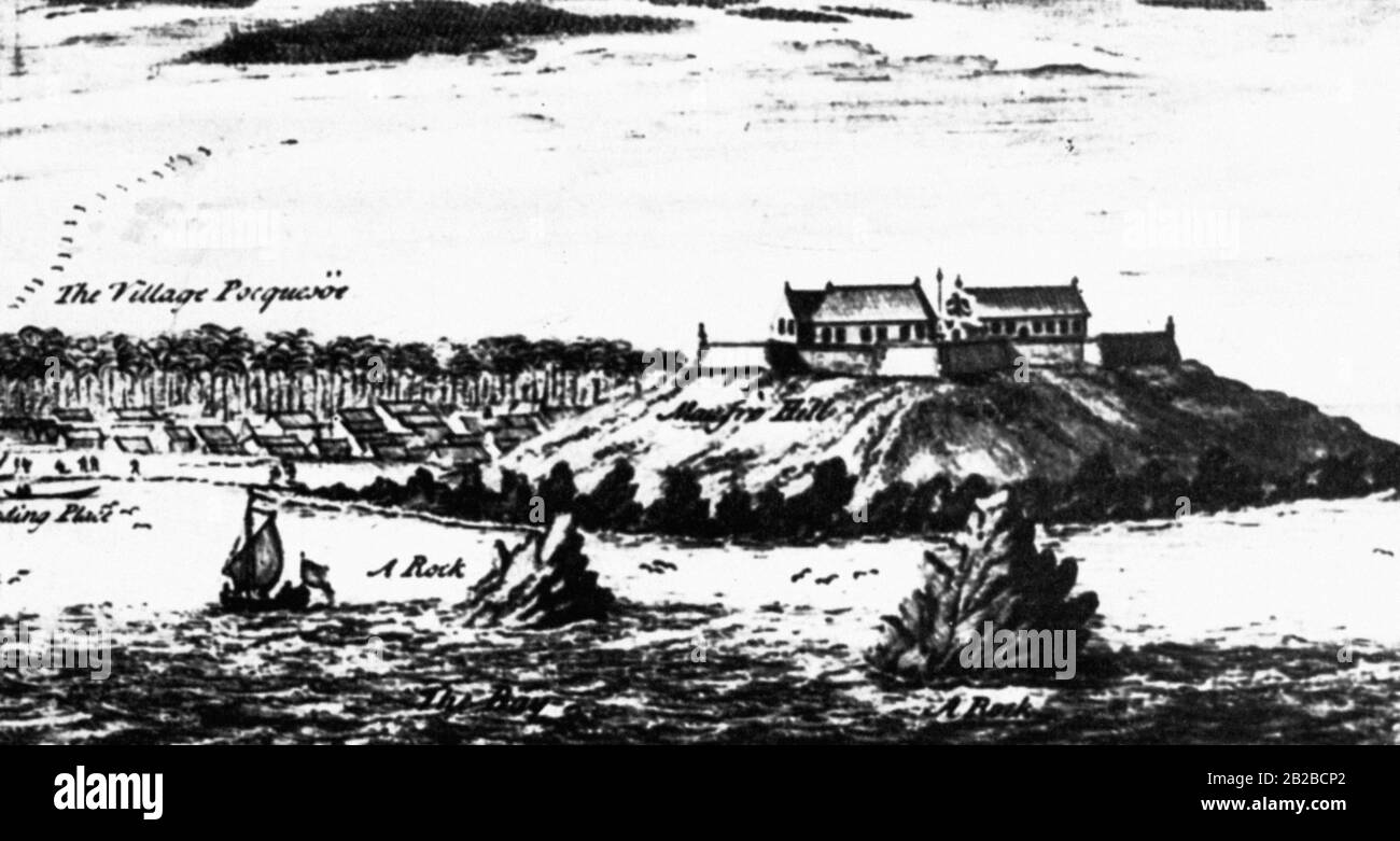 Representation of the Fort Grossfriedrichsburg, which was part of the Brandenburg colony in today's Ghana. The painting shows the castle from the sea side. (Undated picture) Stock Photo