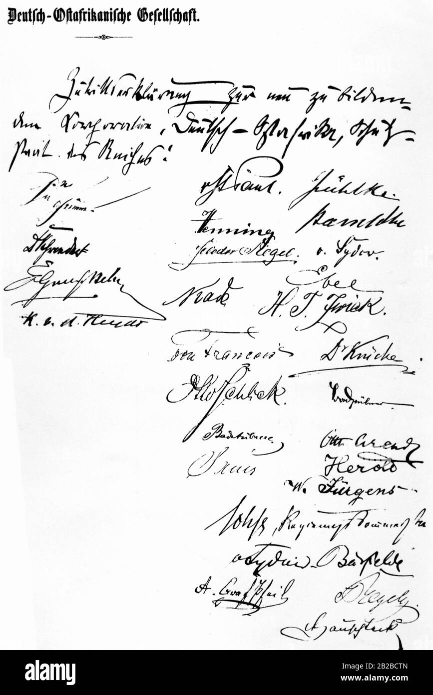 Declaration of admission of the territory of East Africa into the German Reich. In German is written: 'Declaration of entry to the newly formed corporation German East Africa (Deutsch-Ostafrika), protectorate of the German Reich!  Below are numerous signatures. Stock Photo