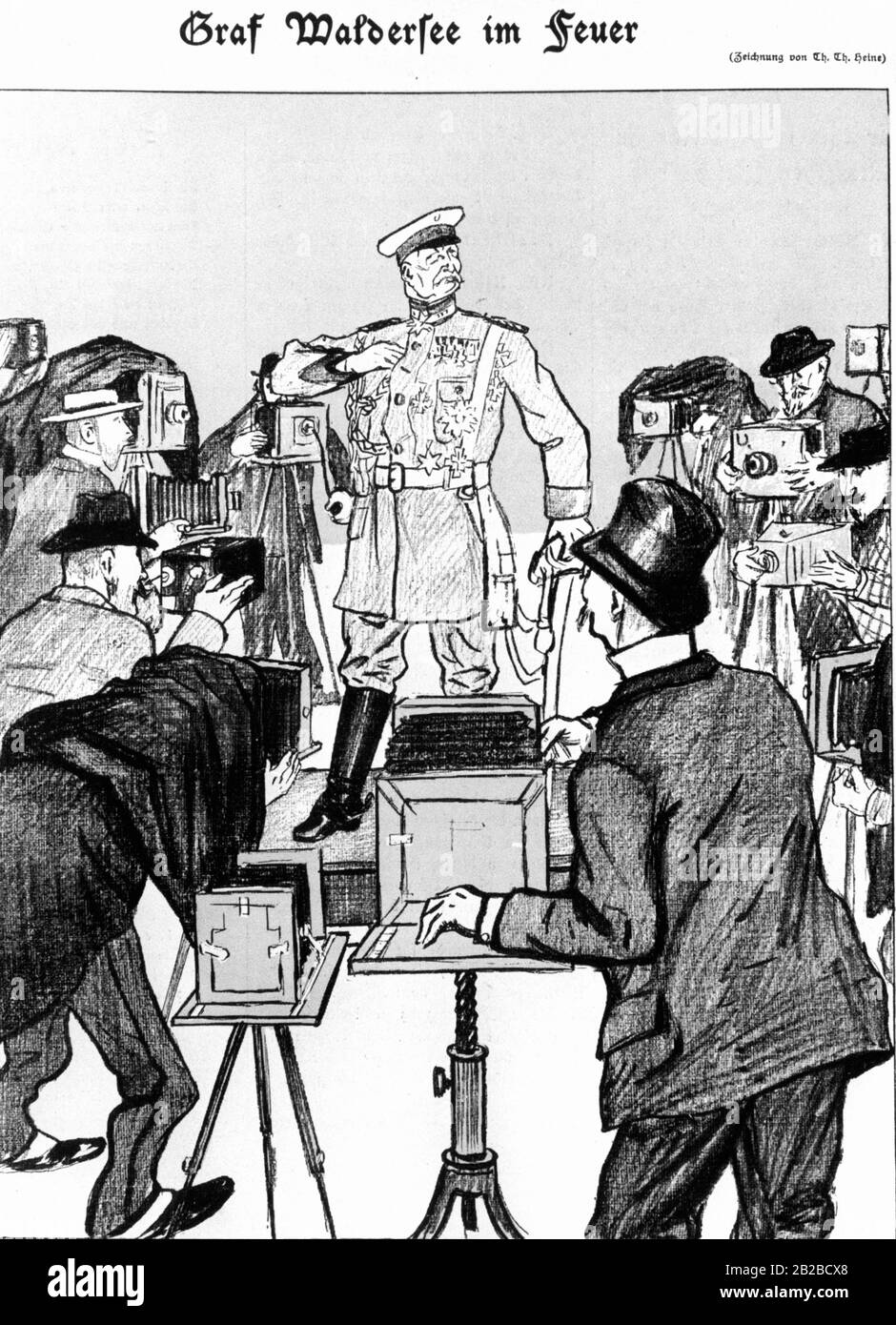 Count Waldersee, apostrophized as 'Weltmarshall', commander of the German contingent of troops, which was to suppress the Boxer uprising in China in 1900. With this drawing published  in the autumn of 1900 as the title page of 'Simplizisissimus' was caricatured his martial public appearance and the resulting exuberant waves of patriotic enthusiasm in Germany. Stock Photo