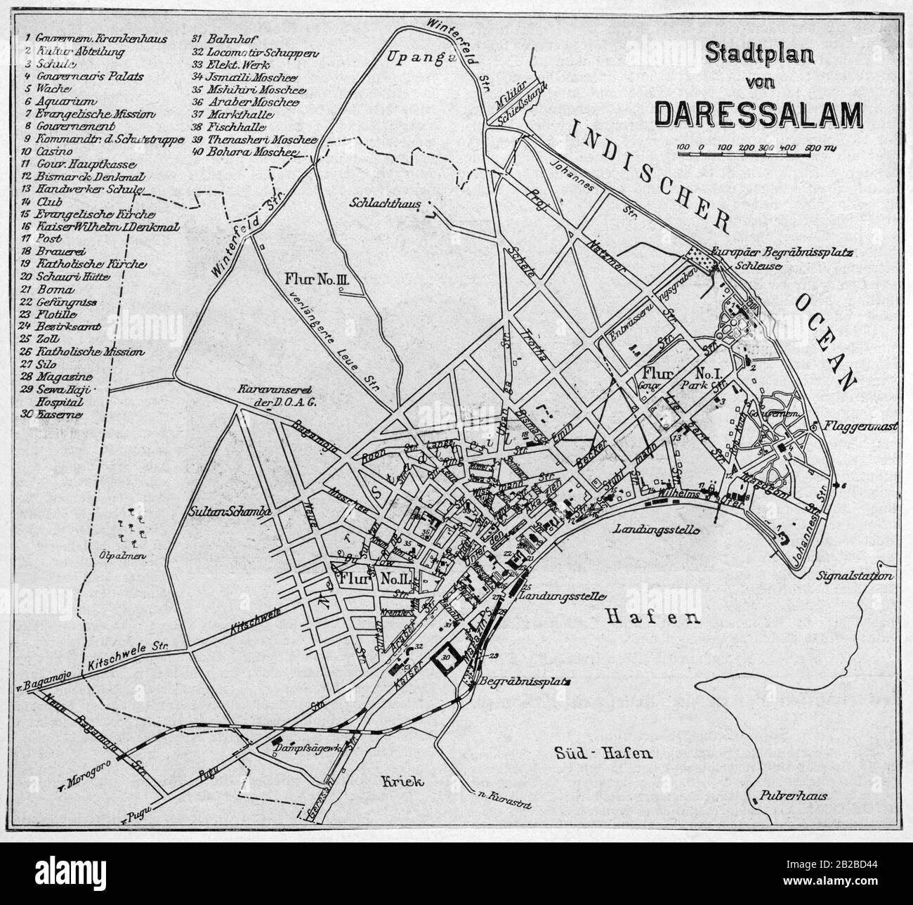A German-language city map of the former capital of German East Africa Dar es Salaam, in today's Tanzania. Stock Photo