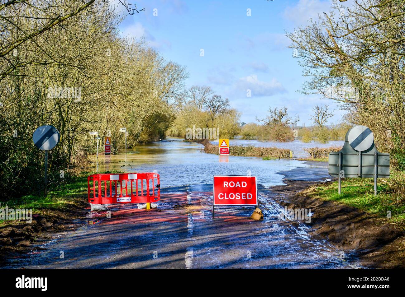 Road closed signs on the B4213 between Lower Apperlay and Tirley in Gloucestershire, which has become impassable after the River Severn has flooded the surrounding areas. PA Photo. Picture date: Monday March 2, 2020. Photo credit should read: Ben Birchall/PA Wire Stock Photo