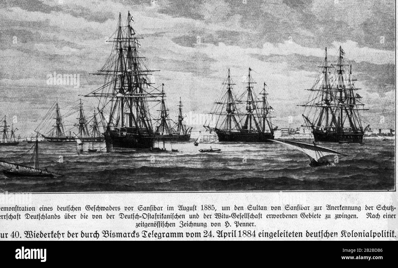 Contemporary drawing by H. Penner. It shows the demonstration of a German squadron off the coast of Zanzibar in August, 1885. It is intended to force the Sultan of Zanzibar to recognize the protectorate of Germany over the areas acquired by the German East African and the Witu Society. Stock Photo
