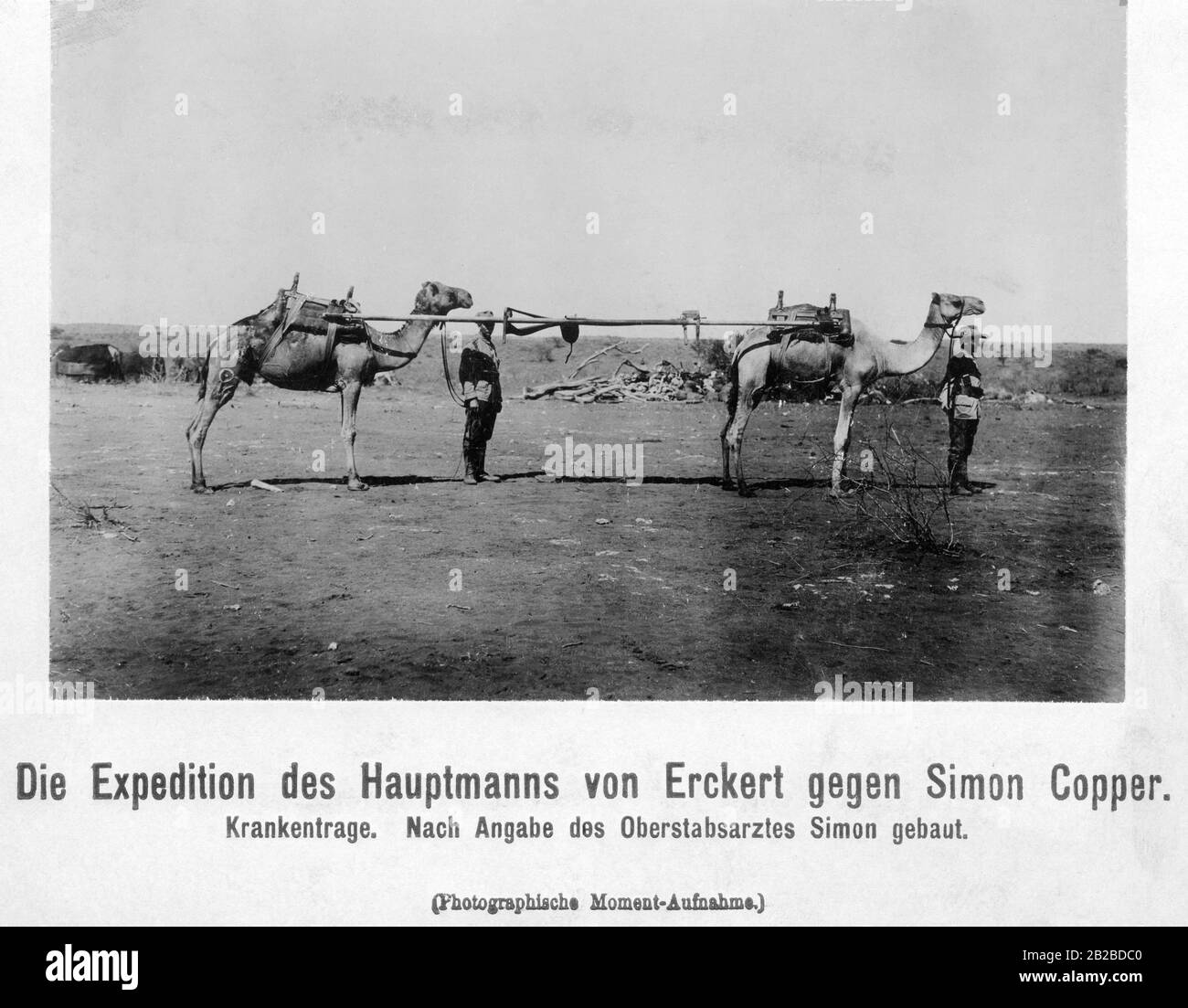 In German South West Africa, the native inhabitants rebelled against German supremacy between 1904 and 1908, first under the leadership of Hendrik Witbooi and after his death in 1905, under Simon Copper.  The German campaign under Captain Friedrich von Erckert was directed against them. In the picture, a stretcher for the wounded German soldiers. Stock Photo