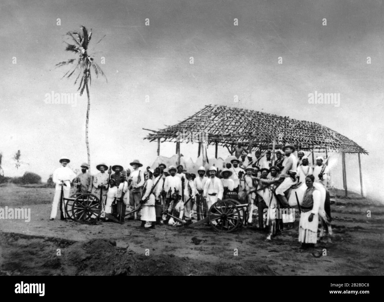 Arab fighters in Bagamojo, who practiced an uprising against the German colonial administration, as this incorporated the territory of today's Tanzania in the German Reich in 1888. Since the Omani Sultan moved his capital to Zanzibar in 1840, many Arabs settled on the east coast of Africa and established their base for slave trade. Stock Photo