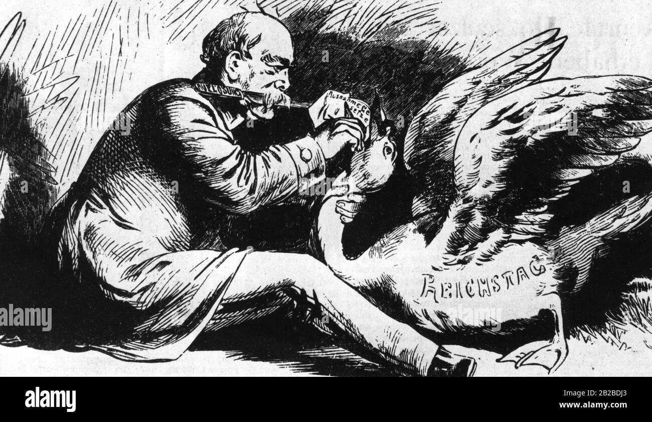 Chancellor Otto Prince von Bismarck force feeds a goose with the inscription Reichstag in the caricature of the satirical magazine 'Kladderadatsch'.  In 1878 Bismarck wanted to enforce the controversial Socialist Laws and threatened the parliament with dissolution and new elections. Stock Photo