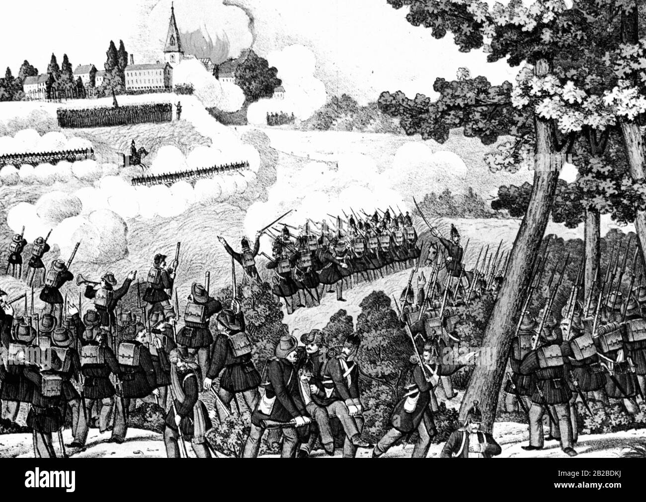 Battle between the insurgents (students and vigilantes) and the Prussian troops called by the new Emperor Franz Joseph I at Waghaeusel on 22.06.1849. Stock Photo