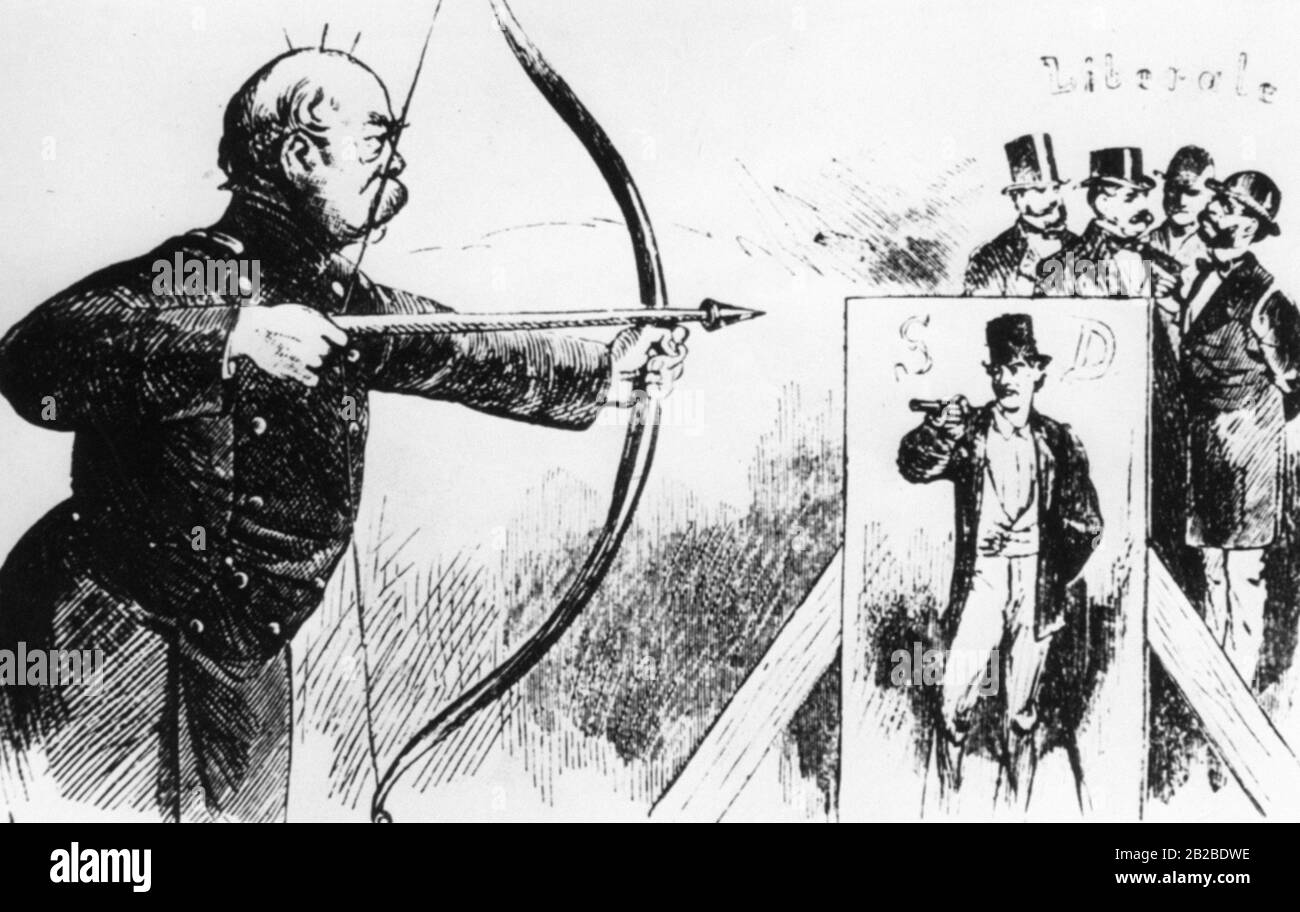 The Chancellor Otto von Bismarck shoots with bow and arrow on the SPD and on liberalism. The caricature is intended to allude to an exception law promulgated by Bismarck prohibiting Communist, Social Democratic and Socialist associations and groups. Reason for the prohibition are 'dangerous aspirations of social democracy' subordinated to these groups. Undated image. Stock Photo